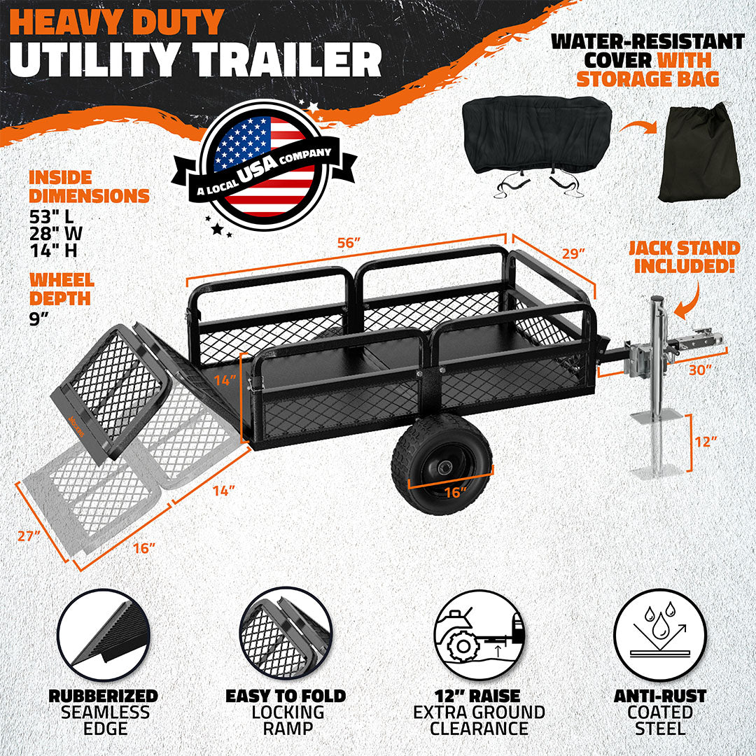 55"x30"x15" Utility Trailer with Ramp & Attachable Jack Stand
