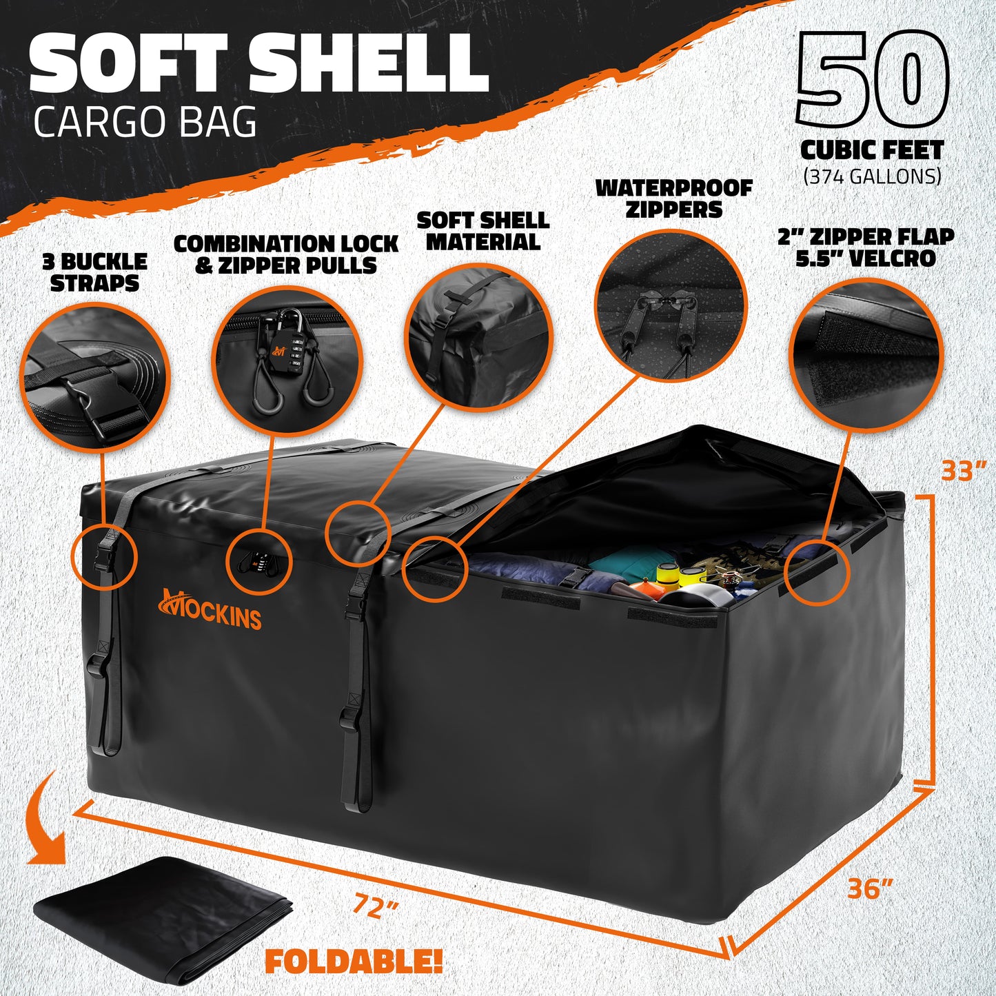 72"x36"x6" Hitch Carrier + Rear Lights & 50 Cu Ft Cargo Bag