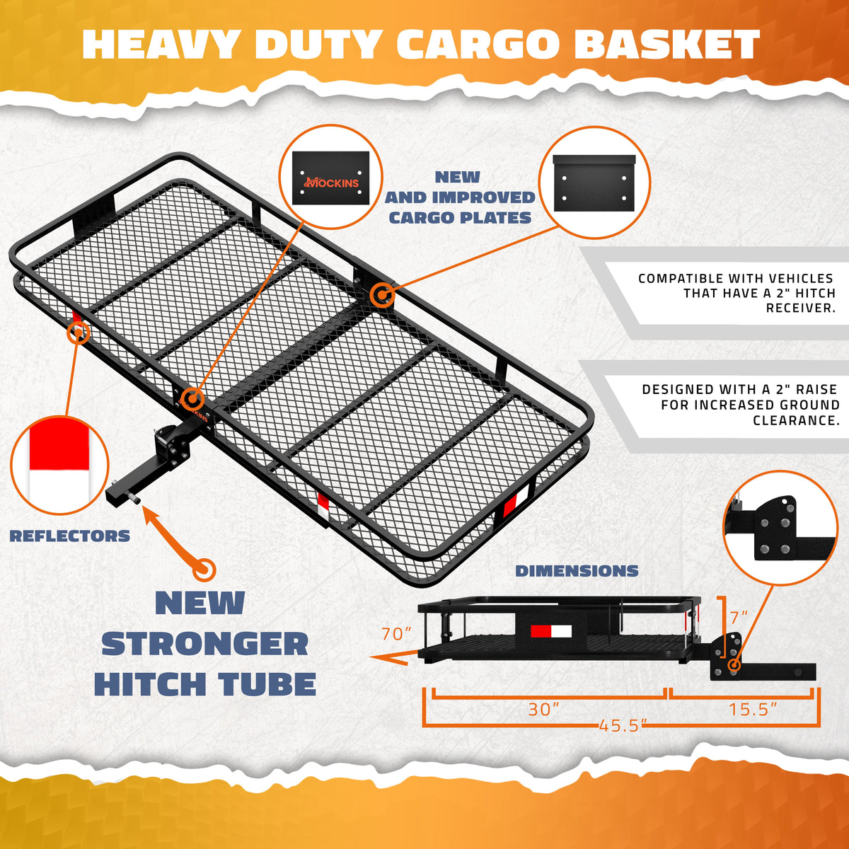 70&quot;x30&quot;x6&quot; Hitch Mount Cargo Carrier | 500 Lbs Capacity Basket with Ratchet Straps, Stabilizer &amp; Lock