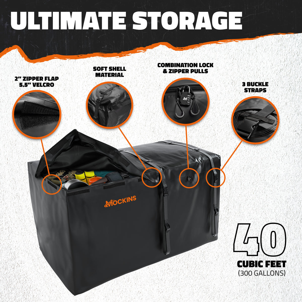 70&quot;x33&quot;x30&quot; Waterproof Cargo Bag | 40 Cu. Ft. Hitch Bag with Lock, Straps and Storage Bag
