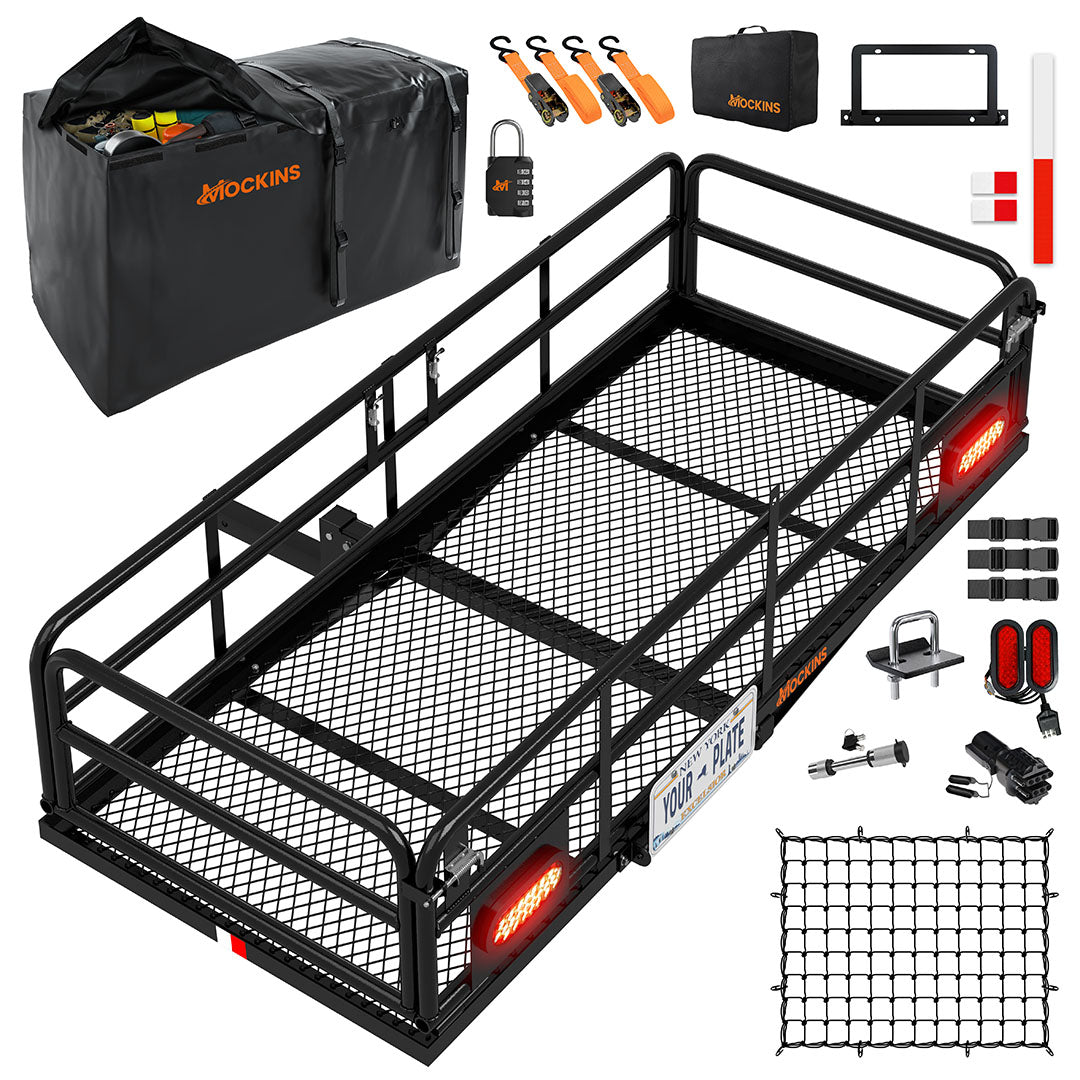 66"x30"x14" XL High Rail Hitch Carrier + Rear Lights & 45 Cu Ft Cargo Bag