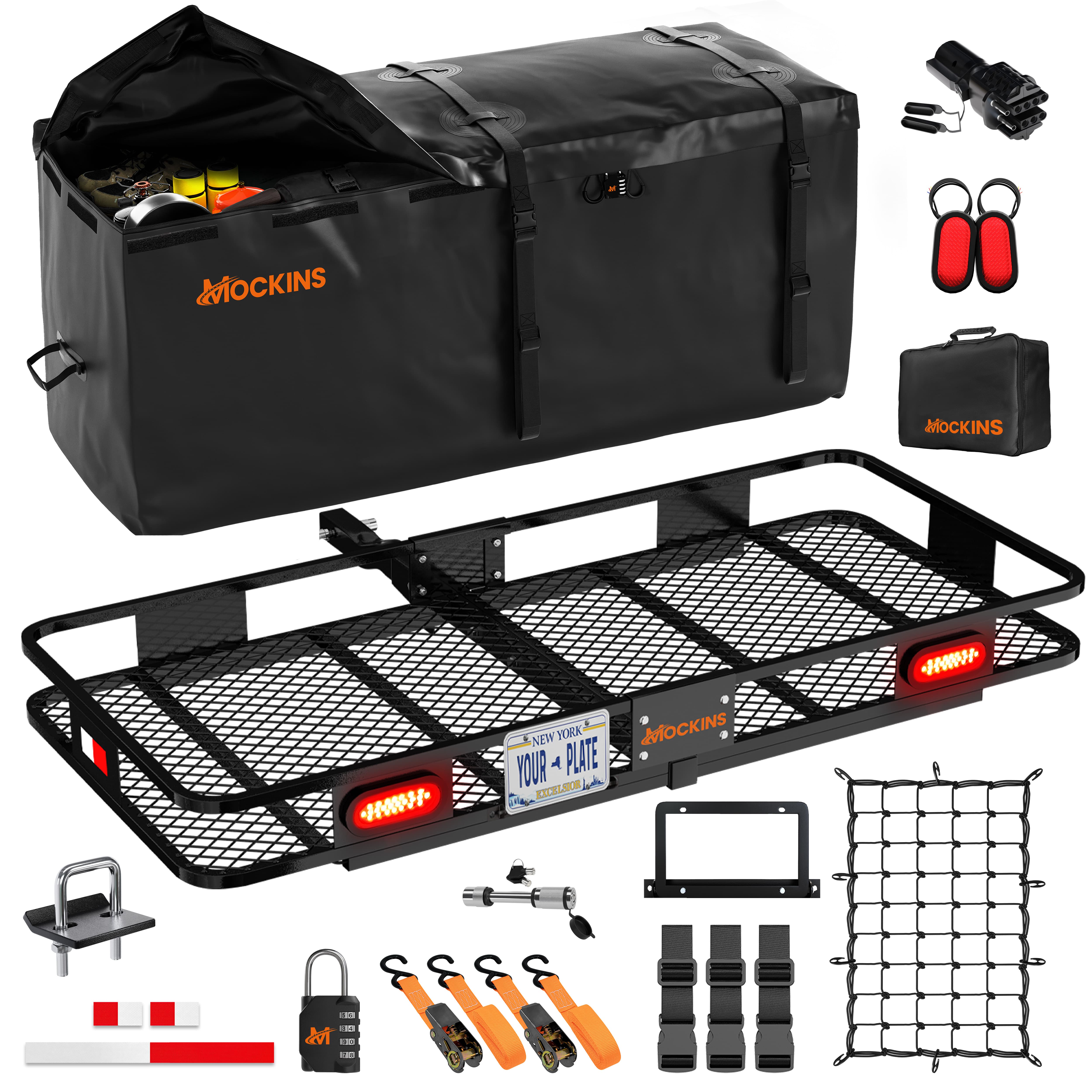 60"x20"x6" Hitch Carrier + Rear Lights & 20 Cu Ft Cargo Bag Mockins