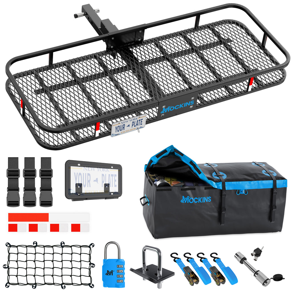 Black metal mesh cargo carrier rack kit with included accessories on a white background, including a license plate frame, straps, reflectors, lock, tie-down hooks, and a black-and-blue storage bag. The rack shows the Mockins brand name.