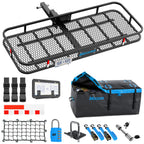 Black metal mesh cargo carrier rack kit with included accessories on a white background, including a license plate frame, straps, reflectors, lock, tie-down hooks, and a black-and-blue storage bag. The rack shows the Mockins brand name.