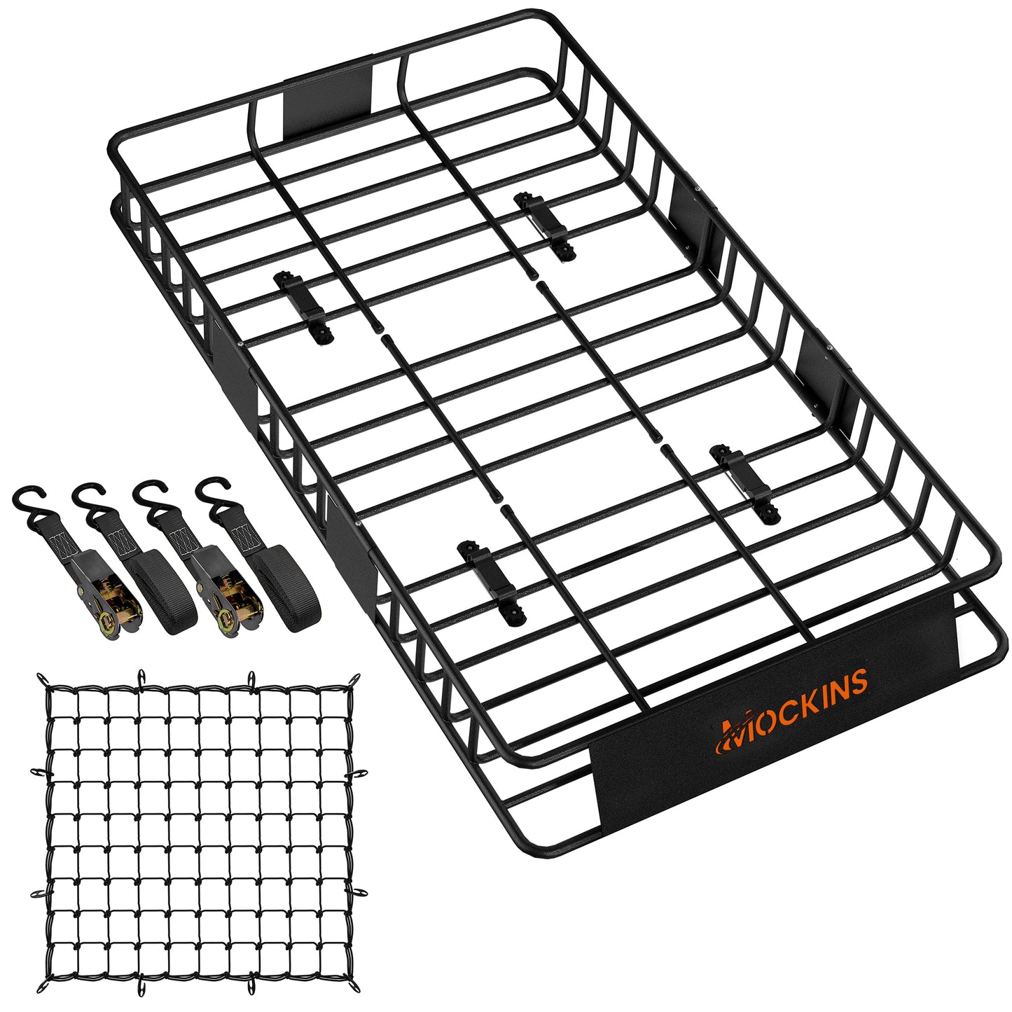 Black metal roof rack cargo carrier with four black straps and a black cargo net accessory, shown on a white background with the Mockins brand logo on the front panel.