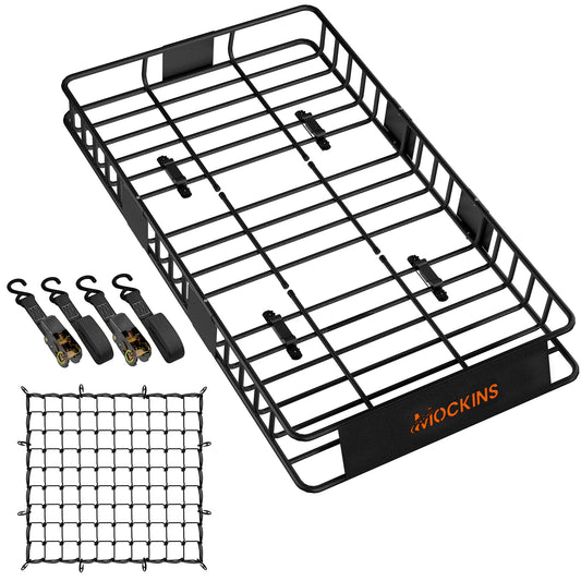 Black metal roof rack cargo carrier with four black straps and a black cargo net accessory, shown on a white background with the Mockins brand logo on the front panel.