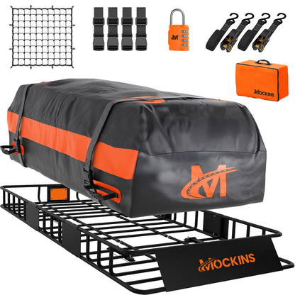 A black and orange Mockins roof cargo carrier bag shown mounted on a black cargo roof rack, with included accessories arranged above it: a black net, four black straps, an orange lock, three black tie-down straps, and an orange carrying case. The main product is the rooftop cargo carrier setup, photographed on a clean white background.