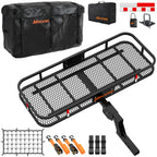 Black metal mesh cargo carrier rack with hitch mount, shown with a black carry bag, lock, straps, and hardware on a white background.