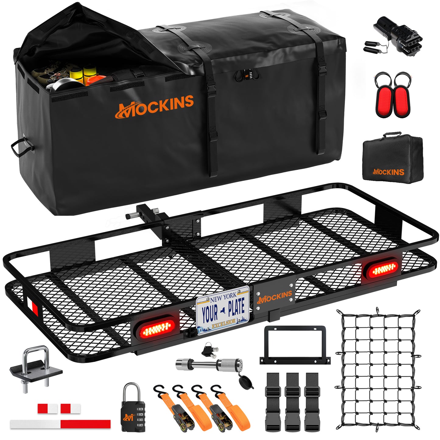 60"x20"x6" Hitch Carrier + Rear Lights & 20 Cu Ft Cargo Bag
