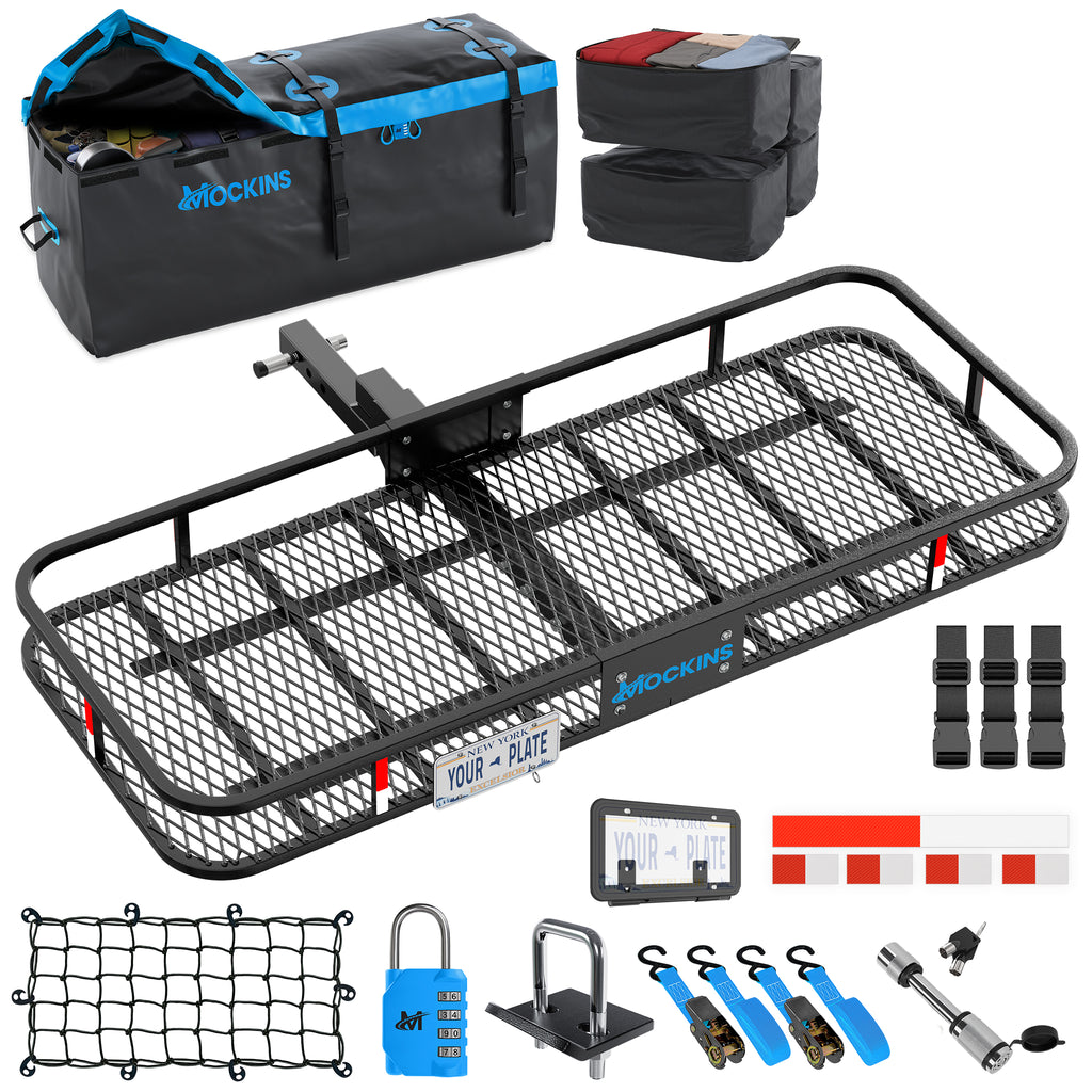 A black metal roof cargo carrier rack set with mounting hardware, straps, a license plate cover, a blue lock, and storage bags on a white background. The brand name MOCKINS is visible on the bags and the rack.
