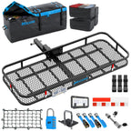 A black metal roof cargo carrier rack set with mounting hardware, straps, a license plate cover, a blue lock, and storage bags on a white background. The brand name MOCKINS is visible on the bags and the rack.