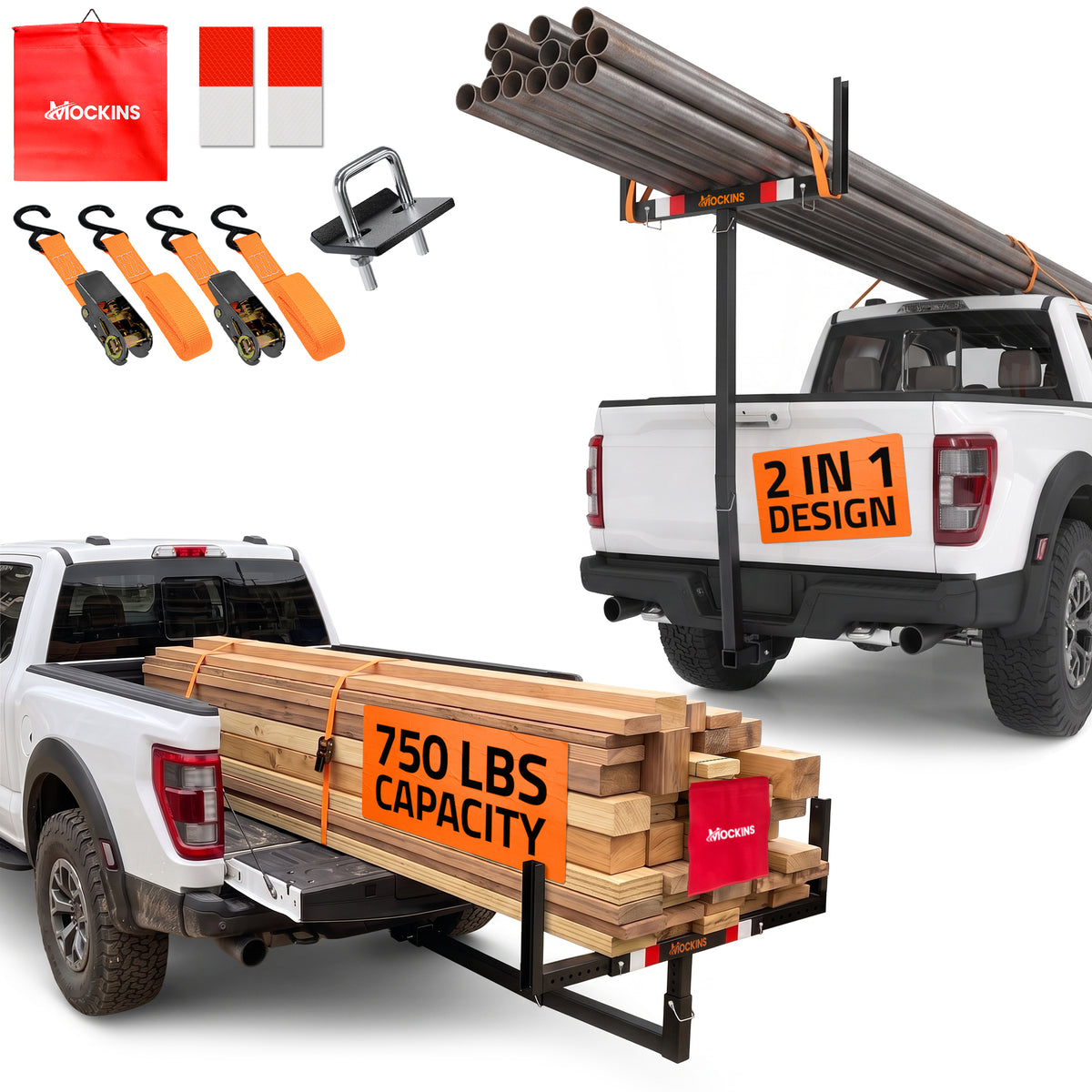 Truck bed extender supporting lumber and pipes in two configurations