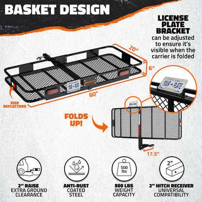 60"x20"x6" Hitch Carrier + Rear Lights