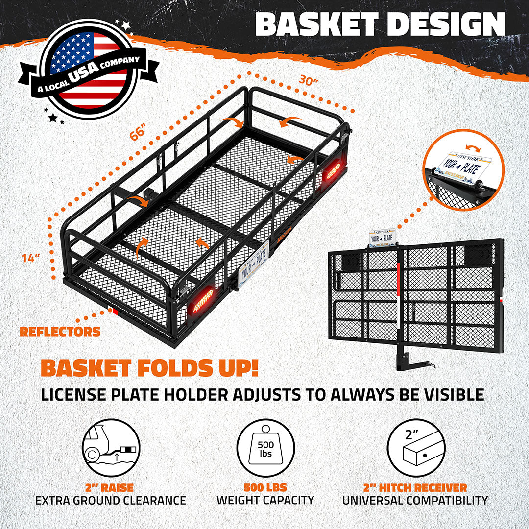 66"x30"x14" XL High Rail Hitch Carrier + Rear Lights & 45 Cu Ft Cargo Bag