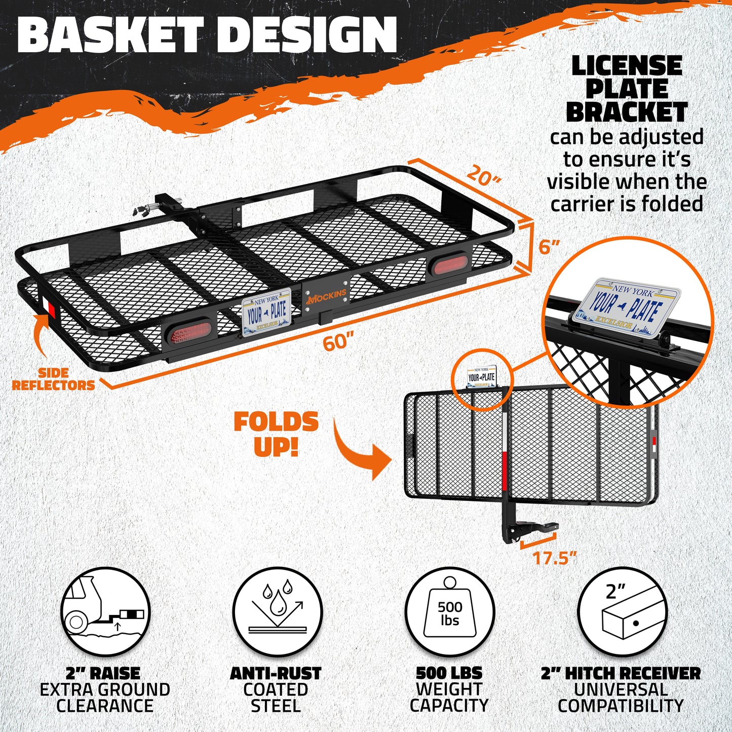 60"x20"x6" Hitch Carrier + Rear Lights & 20 Cu Ft Cargo Bag Mockins