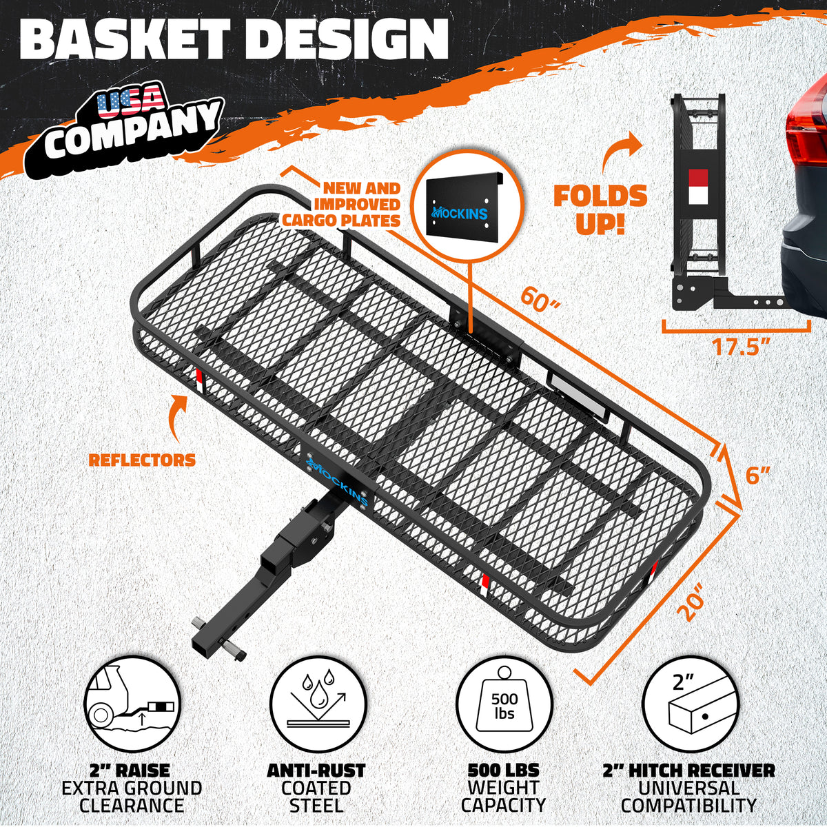 Black metal mesh cargo carrier rack with dimensions, reflectors, and fold-up feature shown on a textured light background with feature icons and text.