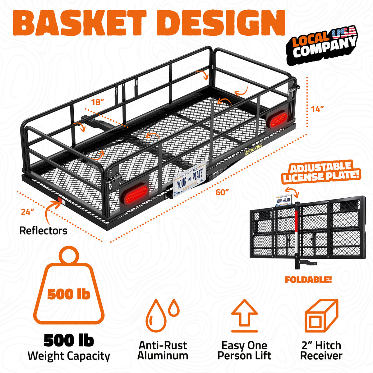 60"x24"x14" High Rail Hitch Carrier + Rear Lights & 30 Cu Ft Cargo Bag