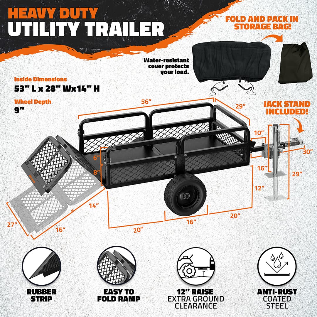 55"x30"x15" Utility Trailer with Ramp & Attachable Jack Stand