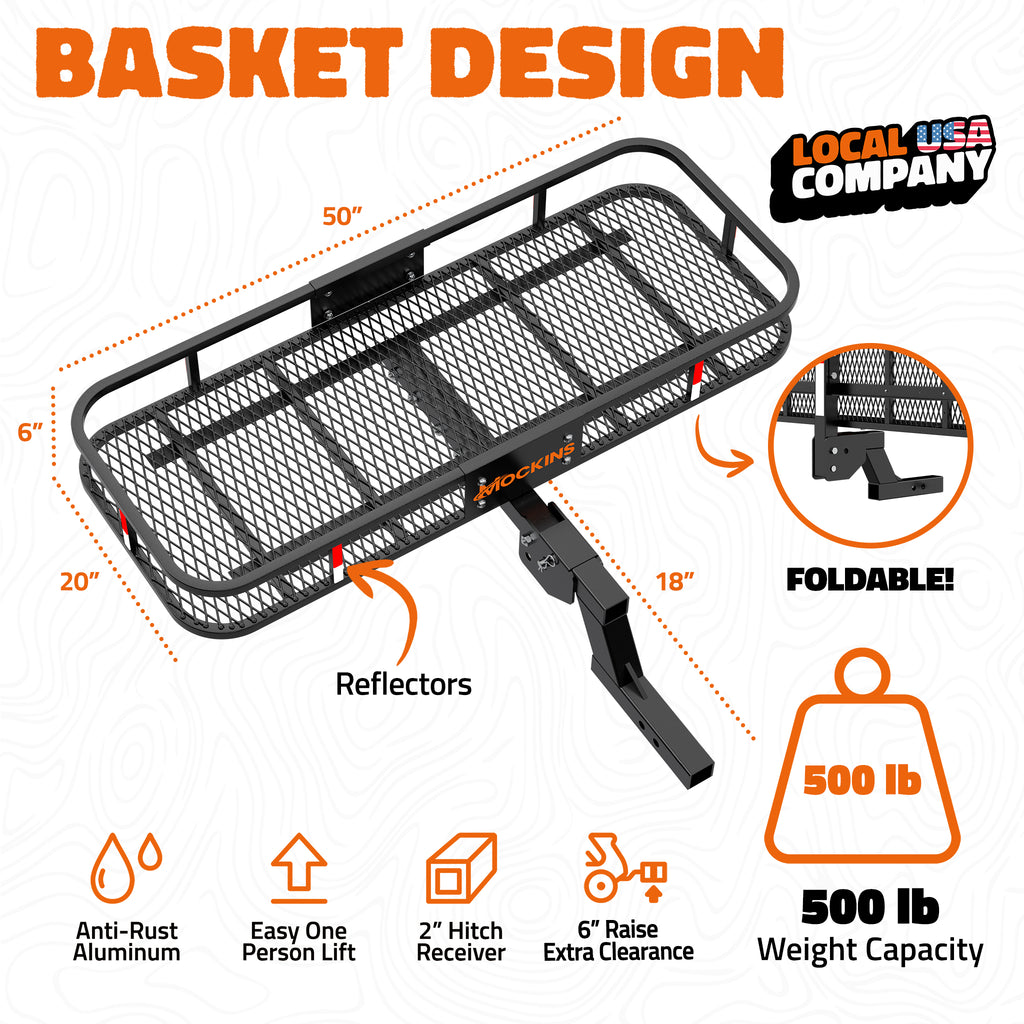 Black aluminum basket carrier rack with mesh bed and hitch receiver, shown on a white background with orange dimension lines, feature icons, and text including 'BASKET DESIGN', 'LOCAL USA COMPANY', and '500 lb Weight Capacity'.