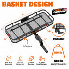 Black aluminum basket carrier rack with mesh bed and hitch receiver, shown on a white background with orange dimension lines, feature icons, and text including 'BASKET DESIGN', 'LOCAL USA COMPANY', and '500 lb Weight Capacity'.