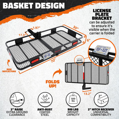 70"x30"x6" Hitch Carrier + Rear Lights & 40 Cu Ft Cargo Bag