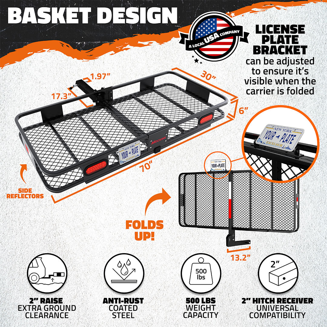 70"x30"x6" Hitch Carrier + Rear Lights & 40 Cu Ft Cargo Bag
