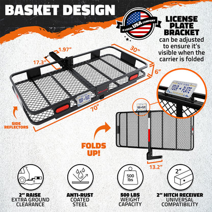 70"x30"x6" Hitch Carrier + Rear Lights & 40 Cu Ft Cargo Bag