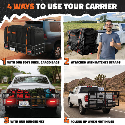 66"x30"x14" XL High Rail Hitch Carrier + Rear Lights & 45 Cu Ft Cargo Bag