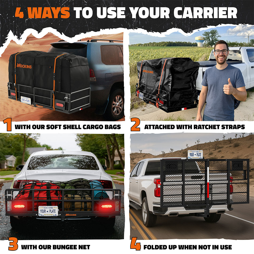 66"x30"x14" XL High Rail Hitch Carrier + Rear Lights & 45 Cu Ft Cargo Bag