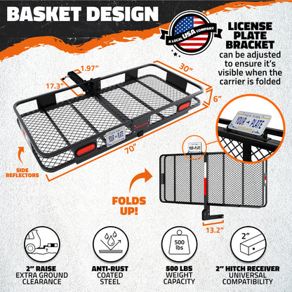 70"x30"x6" XL Hitch Carrier + Rear Lights & 40 Cu Ft Cargo Bag