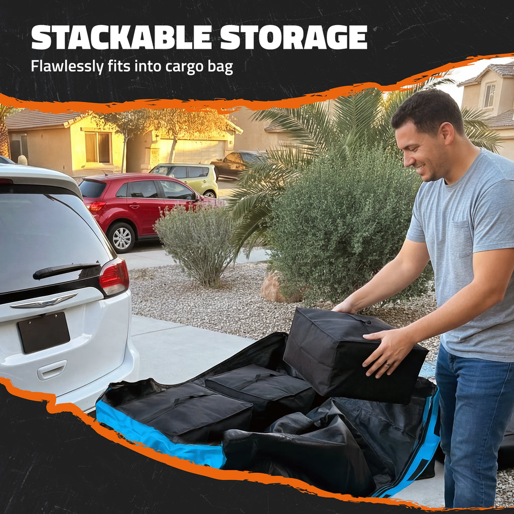 A man in a gray t-shirt and jeans is shown in a residential driveway demonstrating a black stackable storage bag, with a white minivan on the left and a black graphic overlay at the top and bottom.