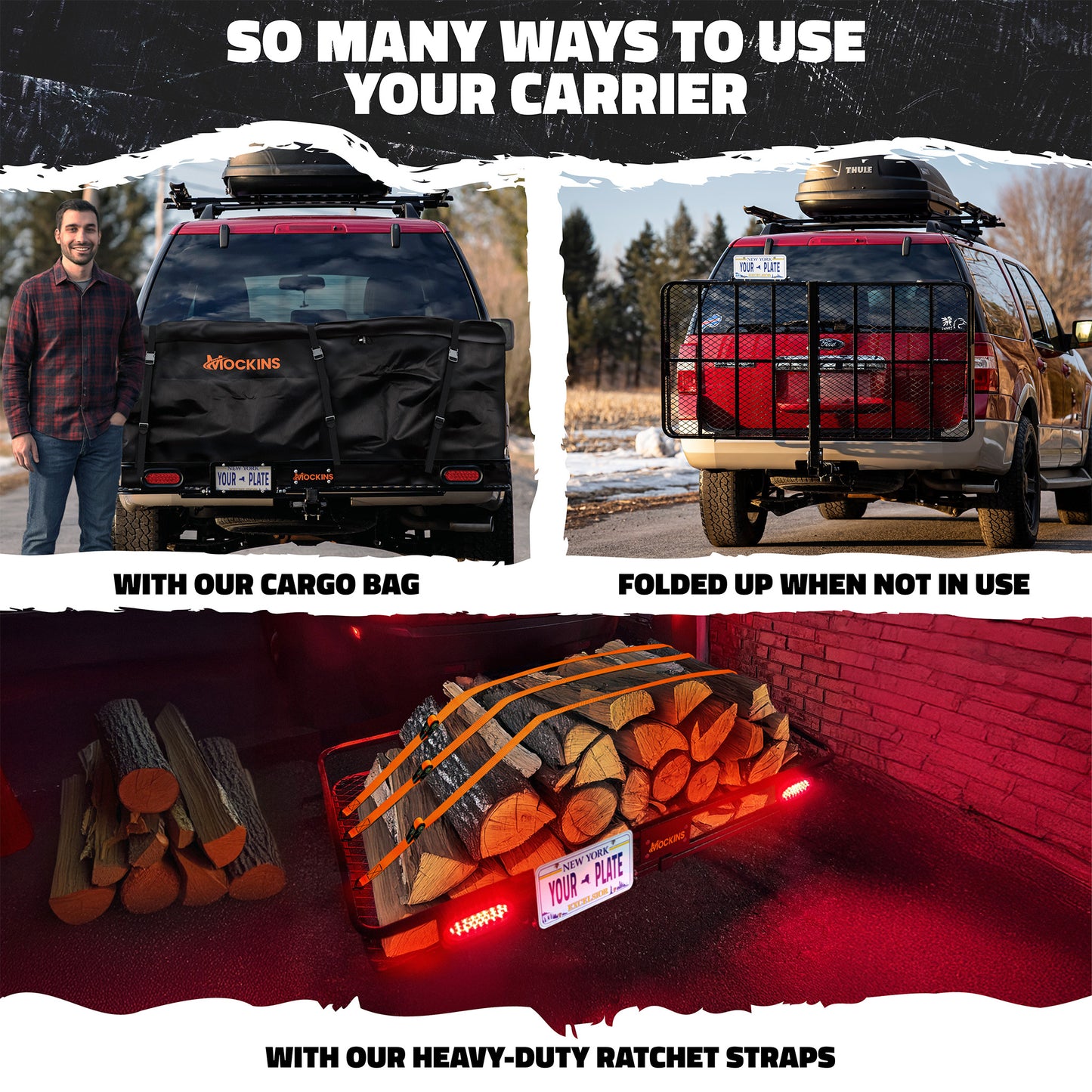 72"x36"x6" XXL Hitch Carrier + Rear Lights & 50 Cu Ft Cargo Bag