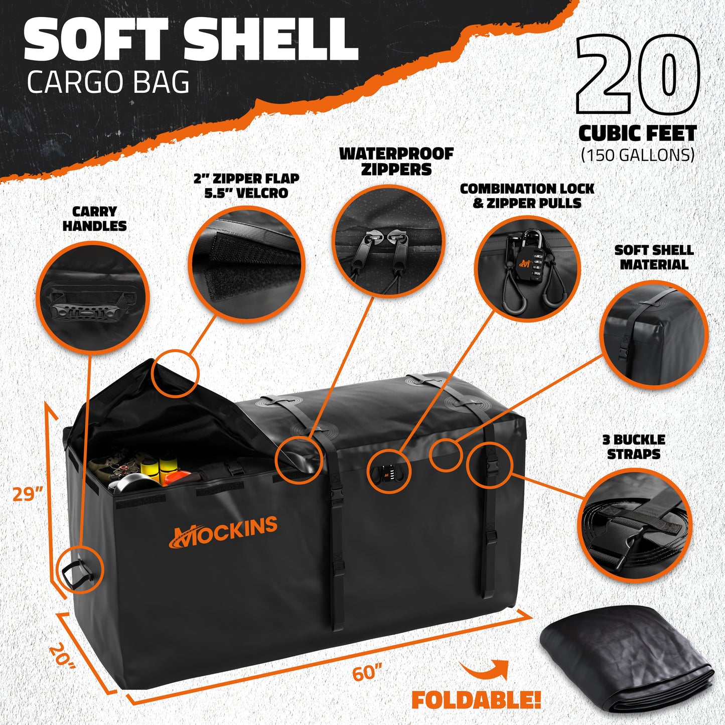 60"x20"x6" Hitch Carrier + Rear Lights & 20 Cu Ft Cargo Bag Mockins