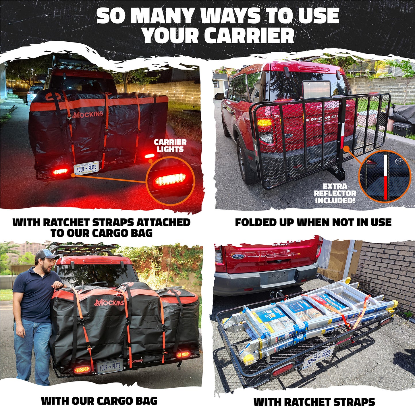 70"x30"x6" XL Hitch Carrier + Rear Lights & 40 Cu Ft Cargo Bag