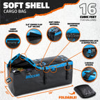 Black soft shell cargo bag with features highlighted on a white background