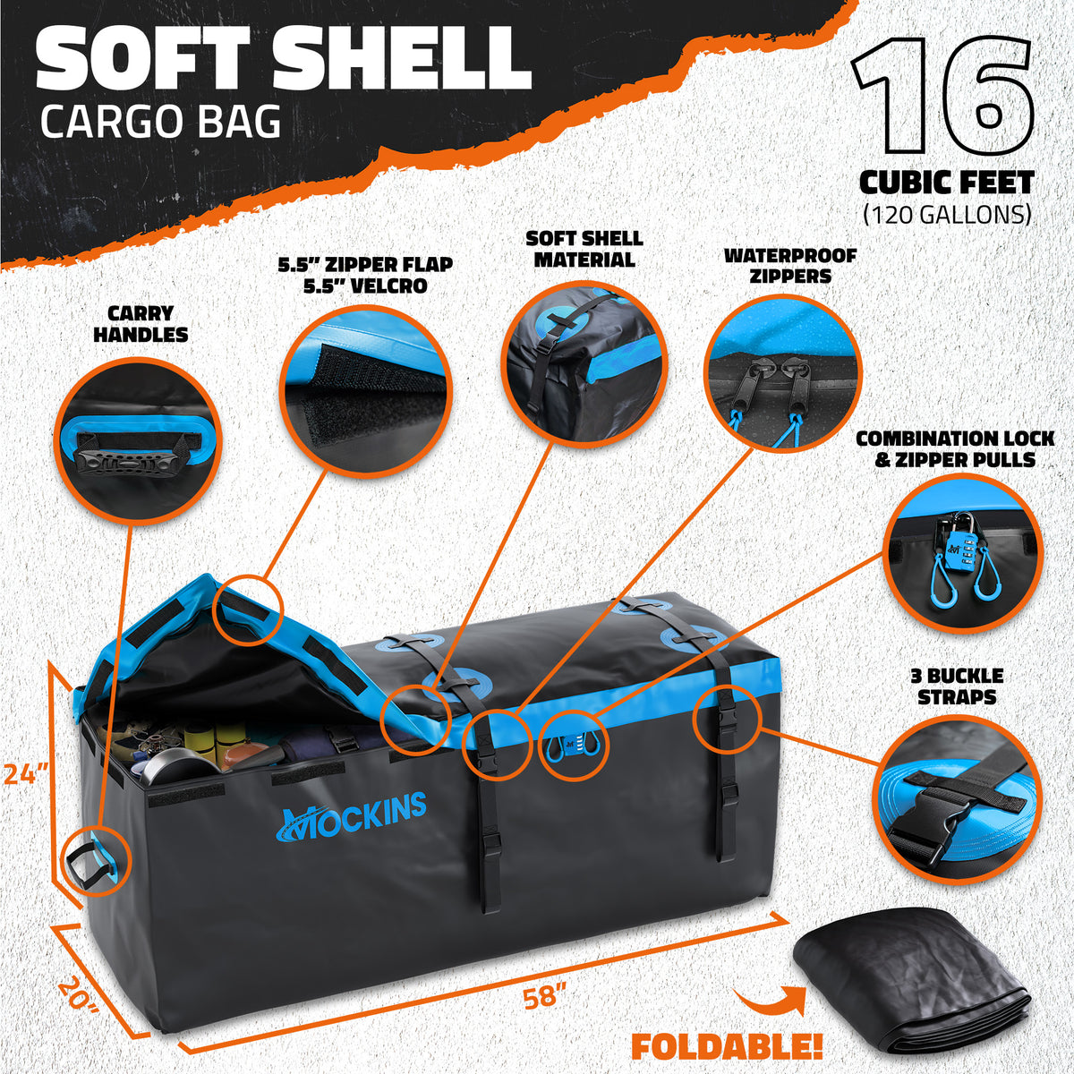 Black soft shell cargo bag with features highlighted on a white background