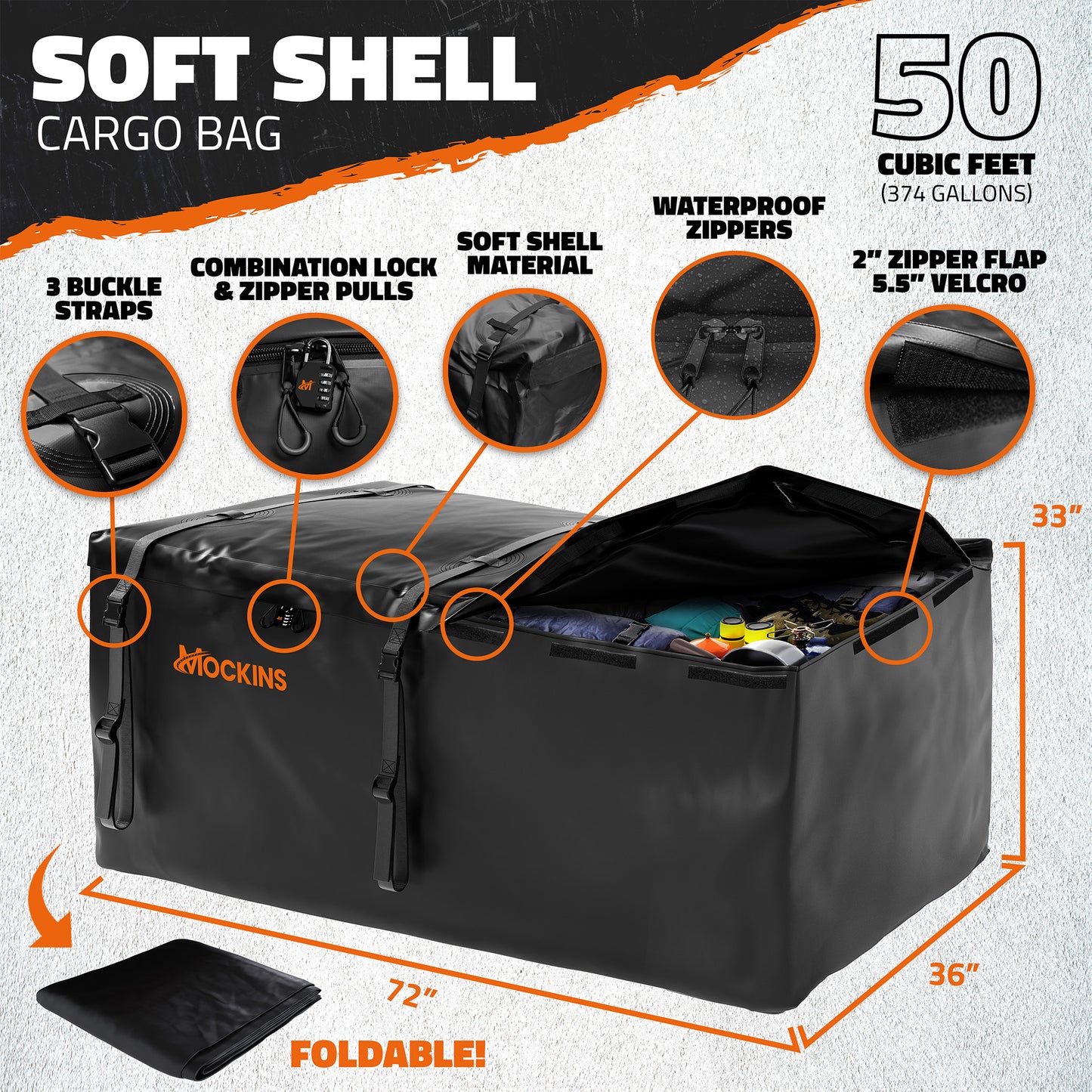 72"x36"x6" XXL Hitch Carrier + Rear Lights & 50 Cu Ft Cargo Bag