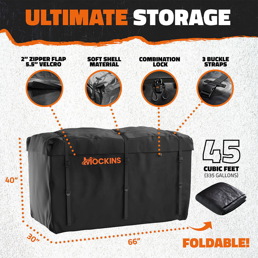 66"x30"x14" XL High Rail Hitch Carrier + Rear Lights & 45 Cu Ft Cargo Bag