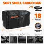 Black soft shell cargo bag with orange Kockins branding, shown with dimension labels (20 x 50 x 31 inches), a folded inset, and feature callouts including 18 cubic feet, waterproof zipper, buckle straps, and carry handles on a light textured background.