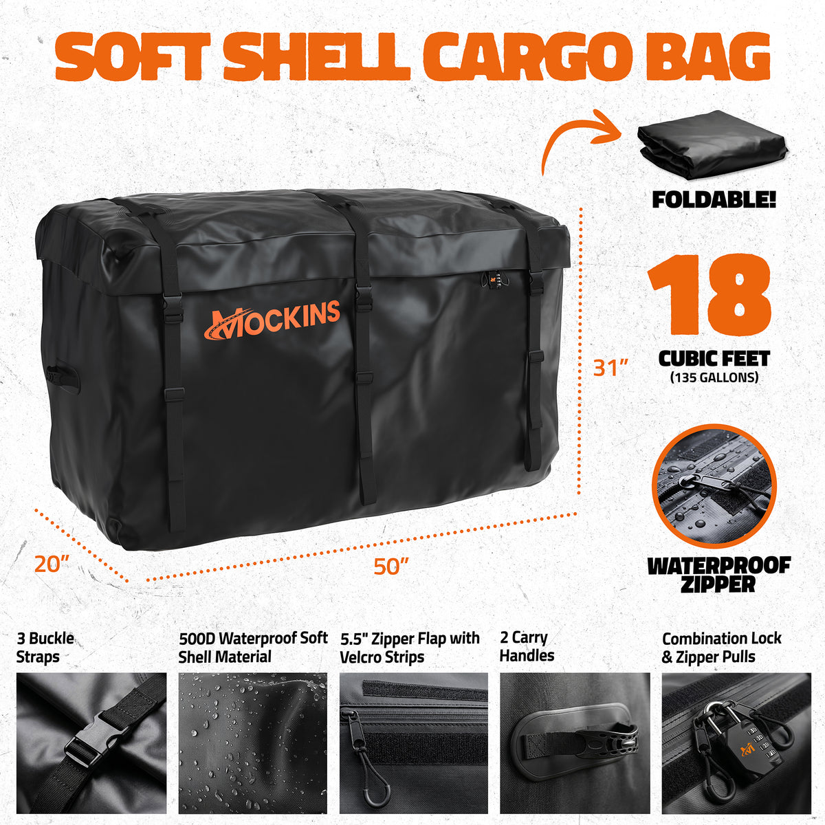 Black soft shell cargo bag with orange Kockins branding, shown with dimension labels (20 x 50 x 31 inches), a folded inset, and feature callouts including 18 cubic feet, waterproof zipper, buckle straps, and carry handles on a light textured background.