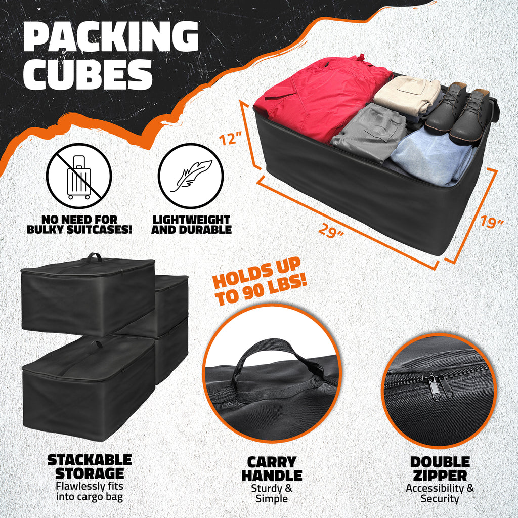 Packing cubes with features highlighted on a white background
