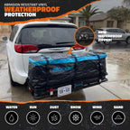 A black and blue Rockins trailer gear bag mounted on the rear of a white vehicle, shown outdoors on a wet driveway with promotional text highlighting waterproof protection and a new waterproof zipper.