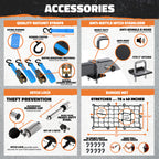 Diagram of vehicle accessories including ratchet straps, hitch stabilizer, lock, and bungee net with features highlighted.