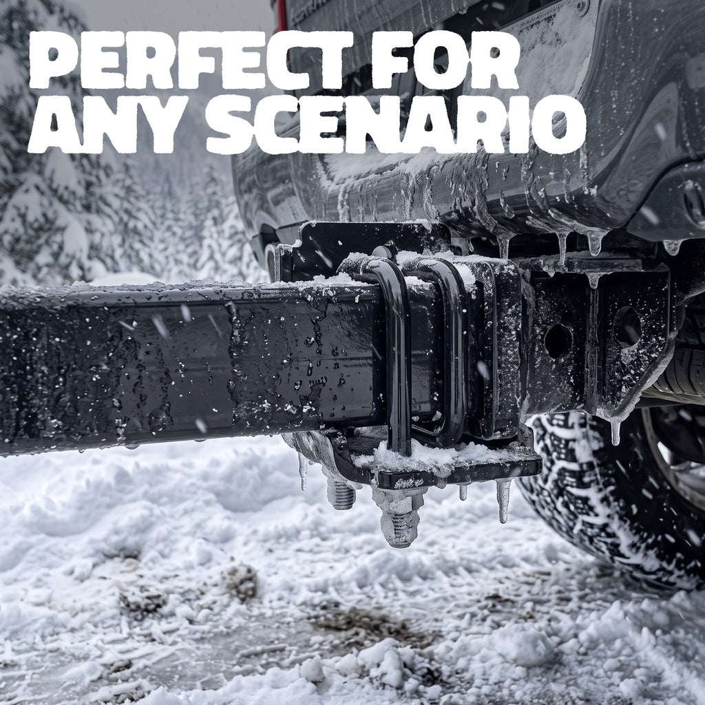 Close-up of a heavy-duty black hitch receiver on the rear of a snow-covered vehicle, with icicles dripping from the metal and snow-covered ground below. Large white text at the top reads 'PERFECT FOR ANY SCENARIO'.