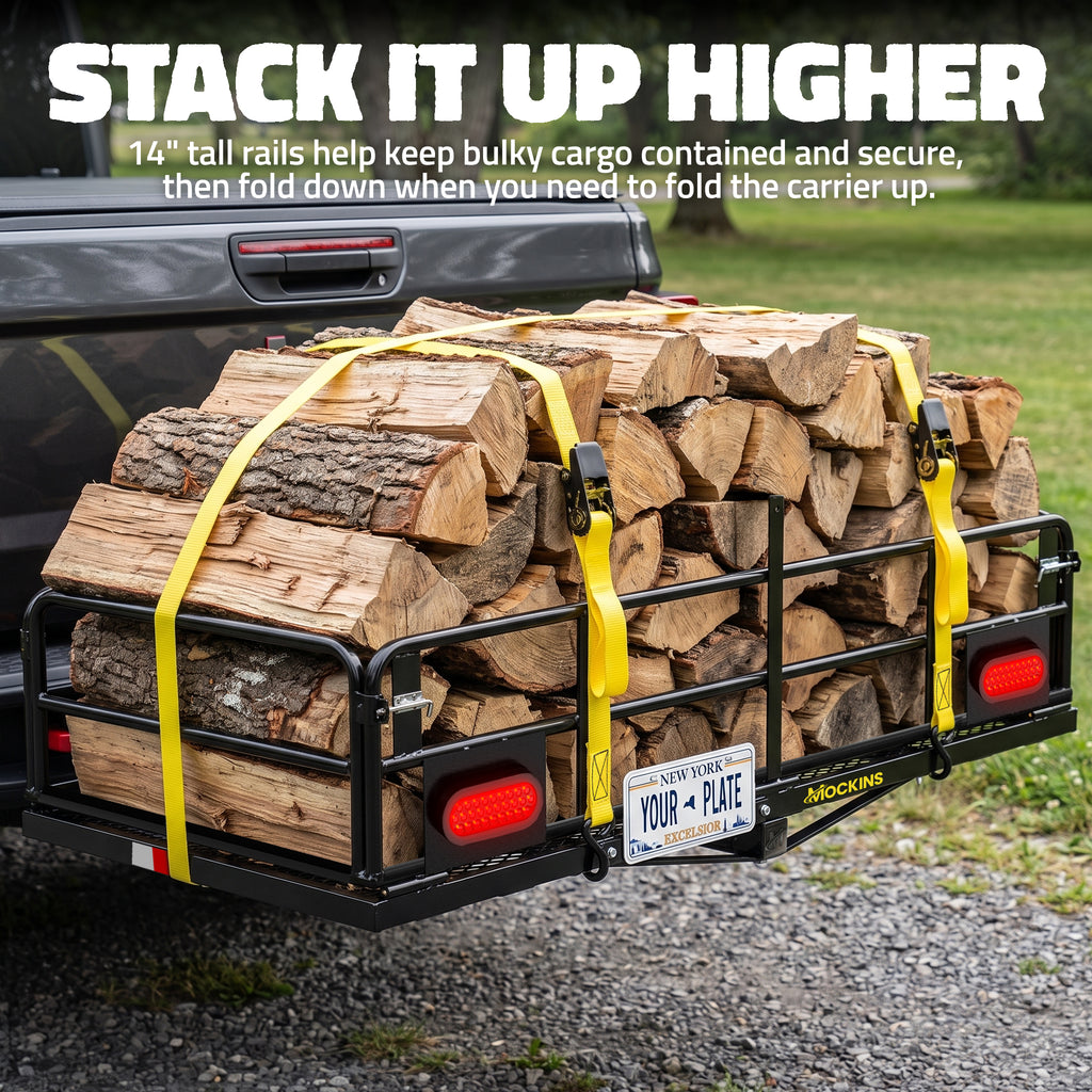 60"x24"x14" High Rail Hitch Carrier + Rear Lights & 30 Cu Ft Cargo Bag
