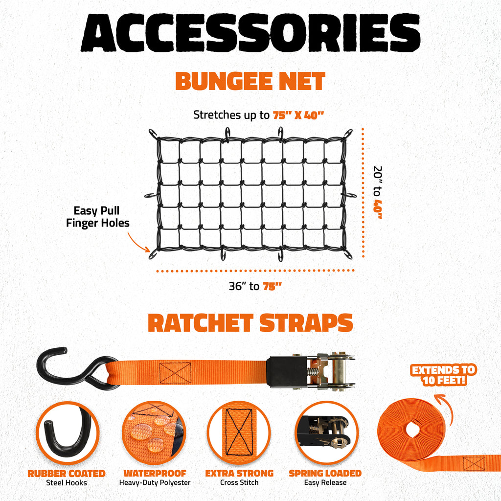An informational product graphic for bungee net and ratchet straps. The top section shows a bungee net with labeled dimensions (36" to 78" by 20" to 40") and text noting easy pull finger holes.