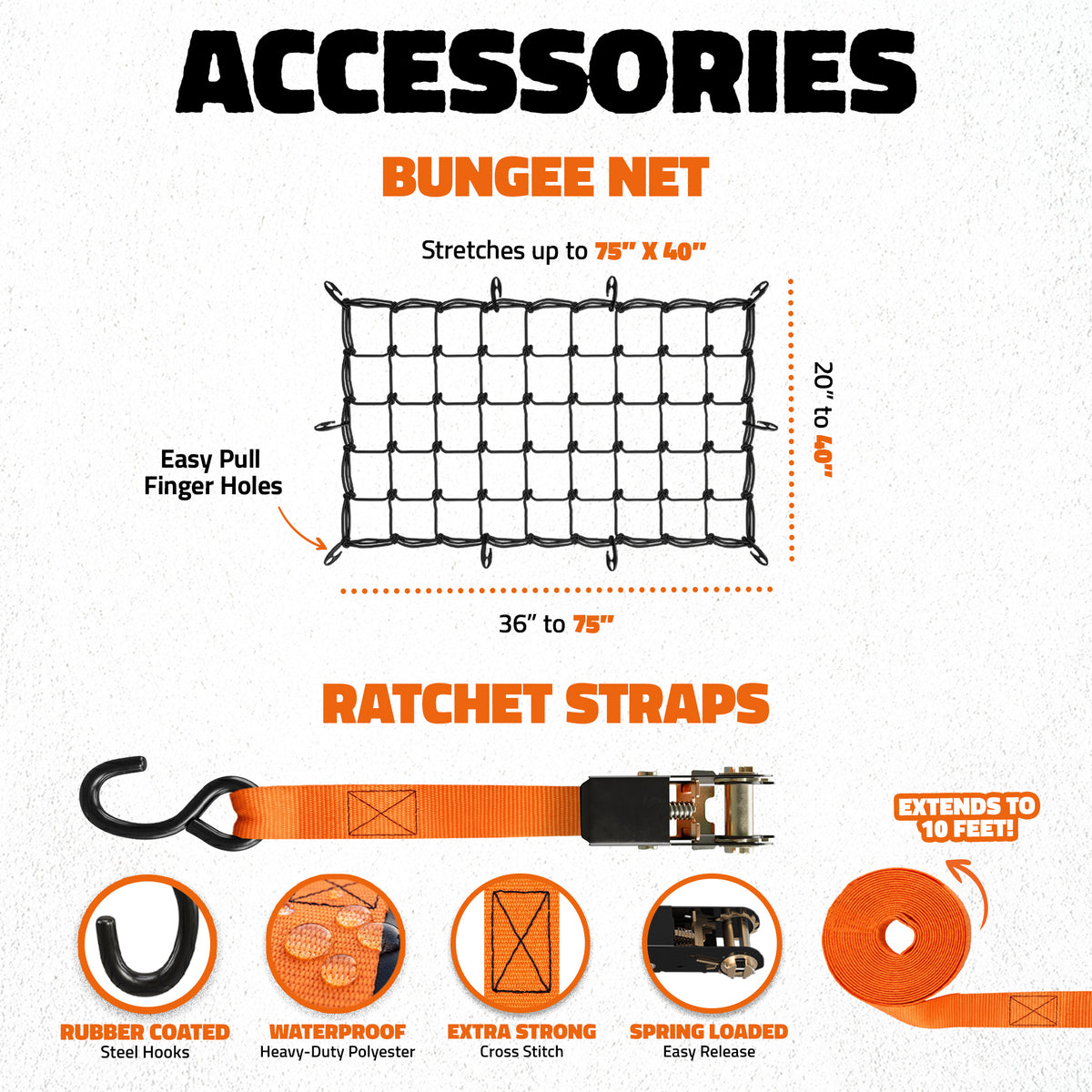 An informational product graphic for bungee net and ratchet straps. The top section shows a bungee net with labeled dimensions (36" to 78" by 20" to 40") and text noting easy pull finger holes.