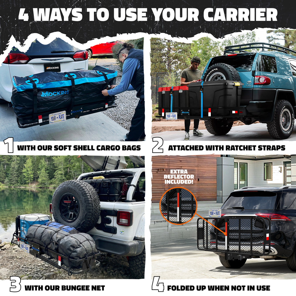 A four-panel infographic titled '4 WAYS TO USE YOUR CARRIER' showing a black and blue cargo carrier system attached to the rear of multiple vehicles in different outdoor settings. The panels demonstrate: 1) using soft shell cargo bags, 2) attaching with ratchet straps, 3) using a bungee net, and 4) the folded-up carrier when not in use.