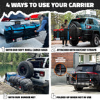 A four-panel infographic titled '4 WAYS TO USE YOUR CARRIER' showing a black and blue cargo carrier system attached to the rear of multiple vehicles in different outdoor settings. The panels demonstrate: 1) using soft shell cargo bags, 2) attaching with ratchet straps, 3) using a bungee net, and 4) the folded-up carrier when not in use.