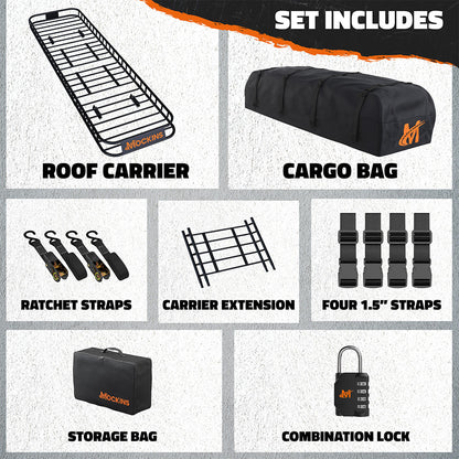 85"x24"x4" Narrow Roof Rack Carrier & 20 Cu Ft Roof Bag